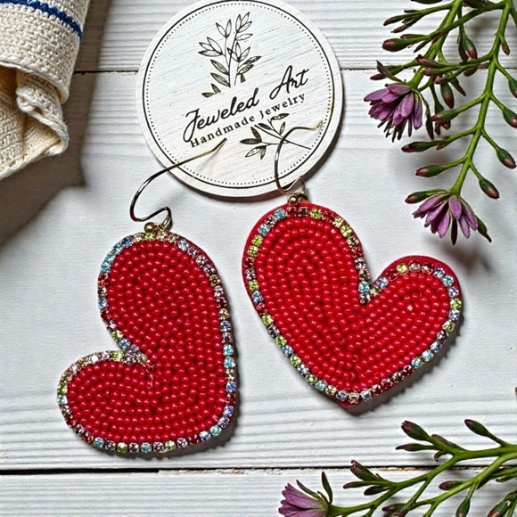Jeweled Art Jewelry - Jeweled Art Hand-Crafted Beaded Red Heart and Rhinestone Earrings - Valentine's